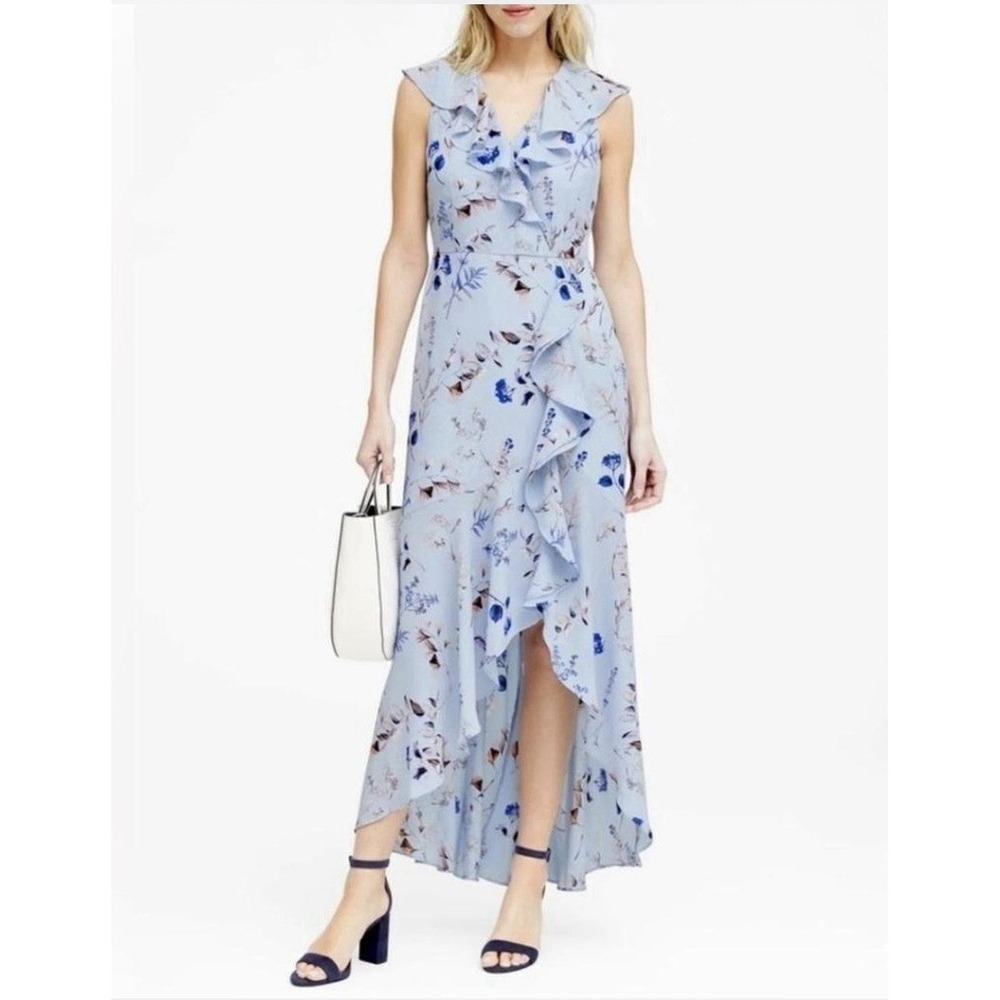 Banana Republic Floral Faux Wrap Dress Sz 4 Blue Ruffles High Low Hem Boho Party